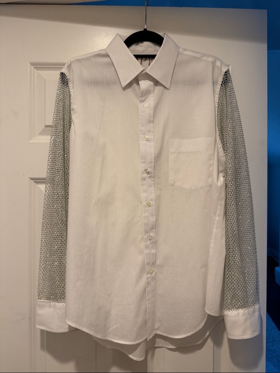 OPD New York Tops - OPD New York White Button Down Women's Shirt with Silver Mesh Sleeves